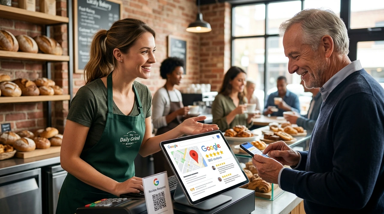 Close-up de um smartphone exibindo uma avaliação de 5 estrelas no Perfil da Empresa no Google