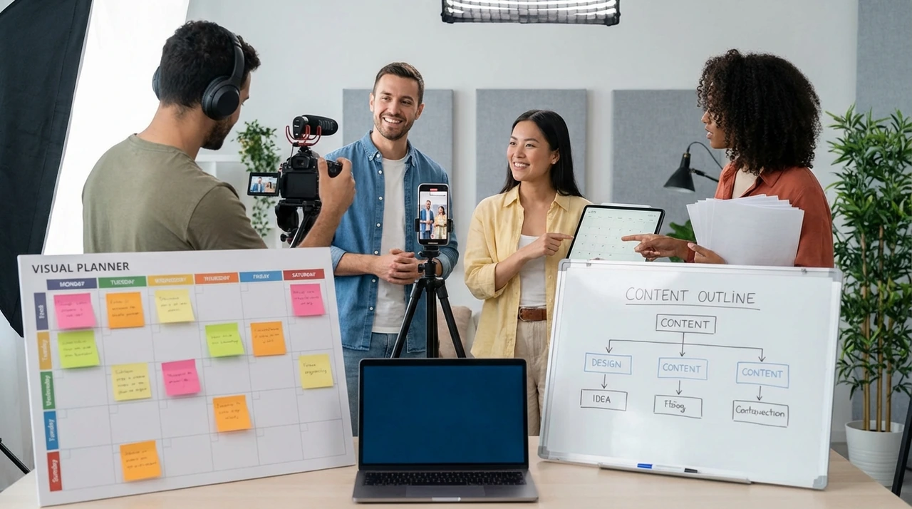 Empresário organizando um calendário editorial em um quadro branco para sua empresa local