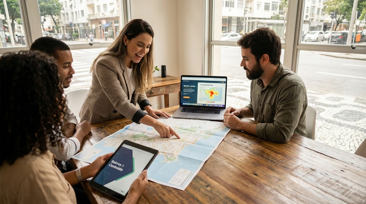 Mapa destacando a cidade de Lucas do Rio Verde com ícones de conteúdo e SEO