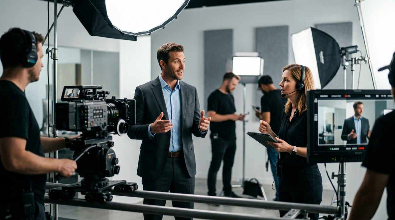 Equipe de produção audiovisual profissional gravando um criativo para anúncio.