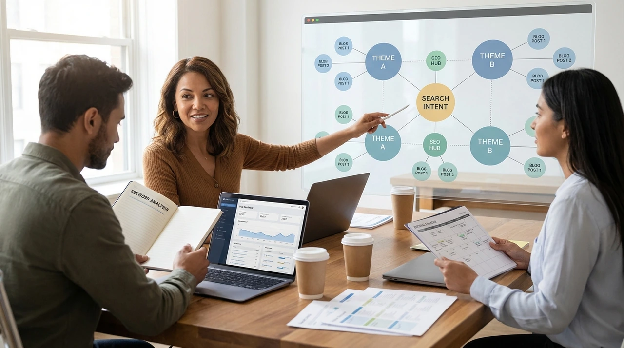 Diagrama ilustrando a estrutura de um cluster de conteúdo com uma página pilar central e conteúdos satélite ao redor