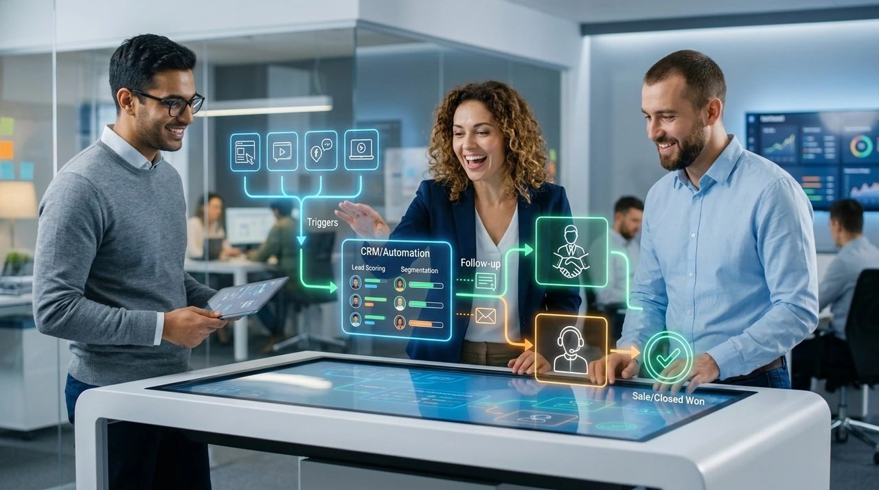 Diagrama de um funil automatizado mostrando a integração entre marketing, vendas e atendimento.