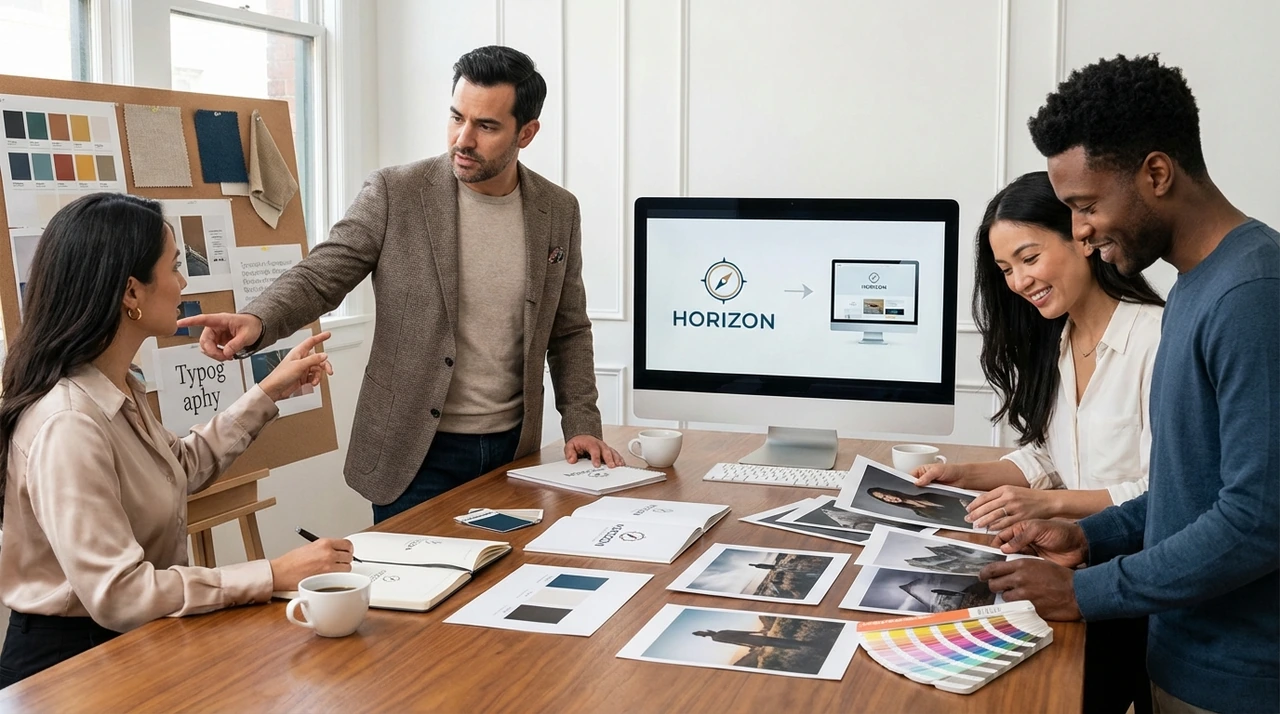 Elementos de uma identidade visual forte, como paleta de cores, tipografia e logotipo, organizados de forma estratégica.