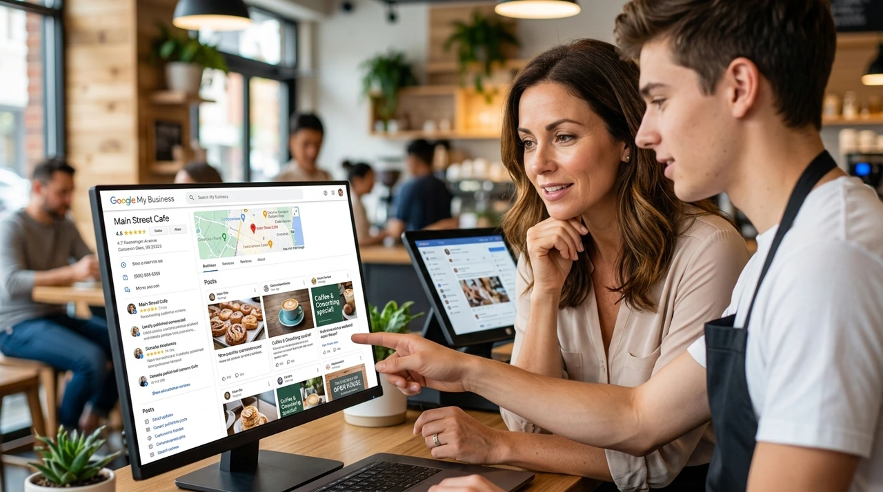 Empresário analisando a performance dos posts no perfil do Google Meu Negócio em um notebook
