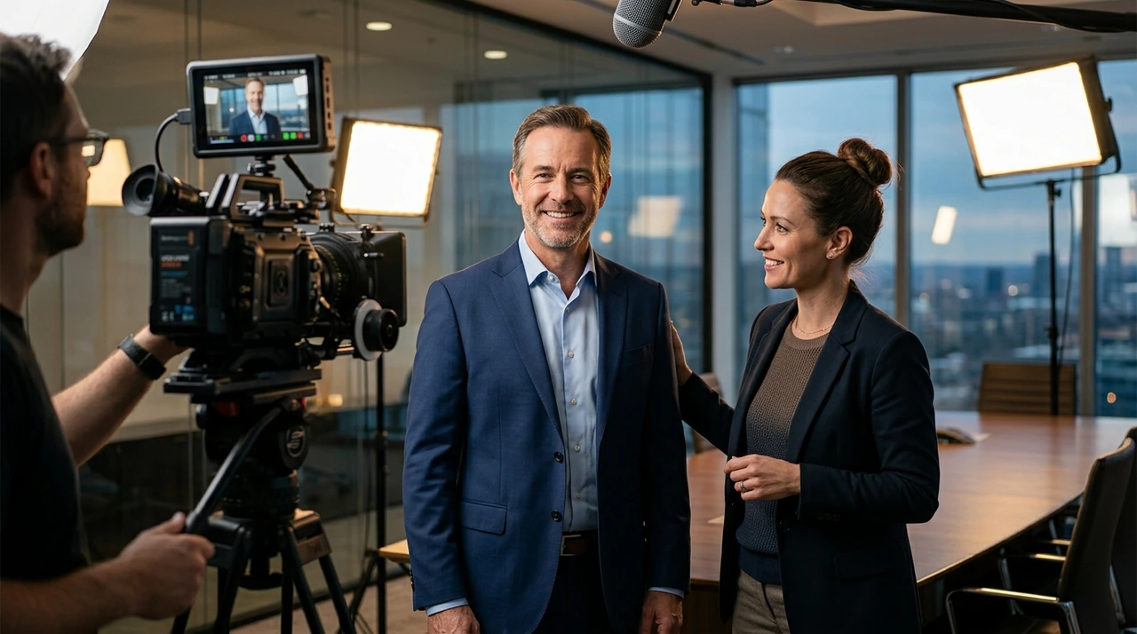 Equipe de produção audiovisual profissional gravando um vídeo institucional em um ambiente corporativo