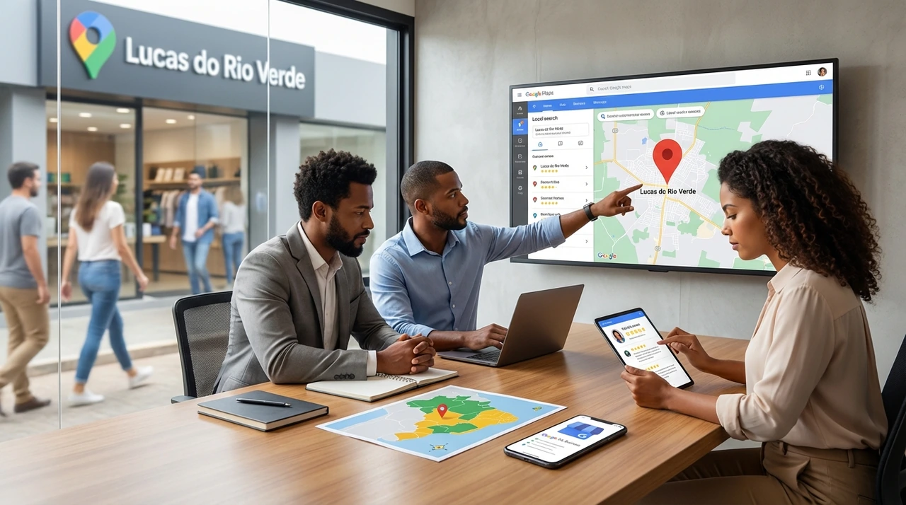 Mapa de uma cidade destacando um pino de localização de uma empresa, simbolizando o SEO Local e o Google Meu Negócio.