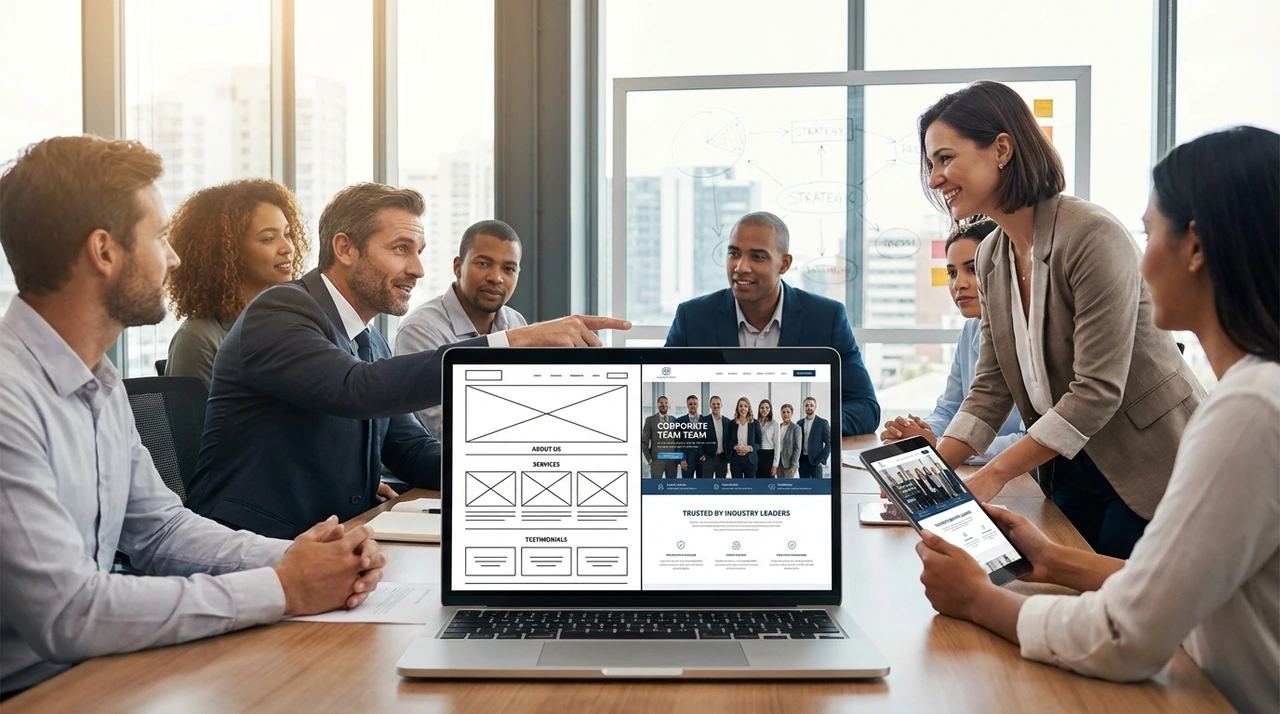 Layout de um site institucional profissional exibido em um laptop, simbolizando credibilidade e conversão.