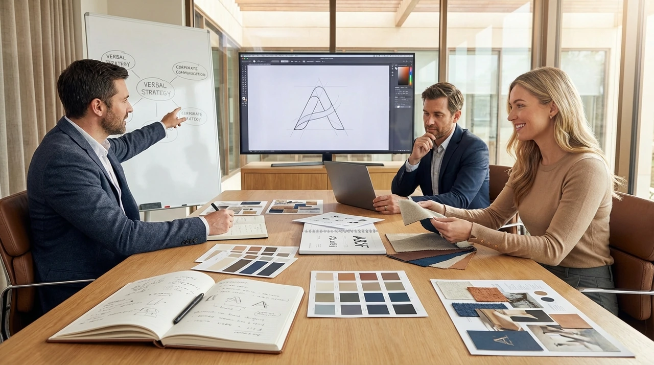 Uma pessoa estrategista analisando um guia de tom de voz da marca em um ambiente de escritório sofisticado.