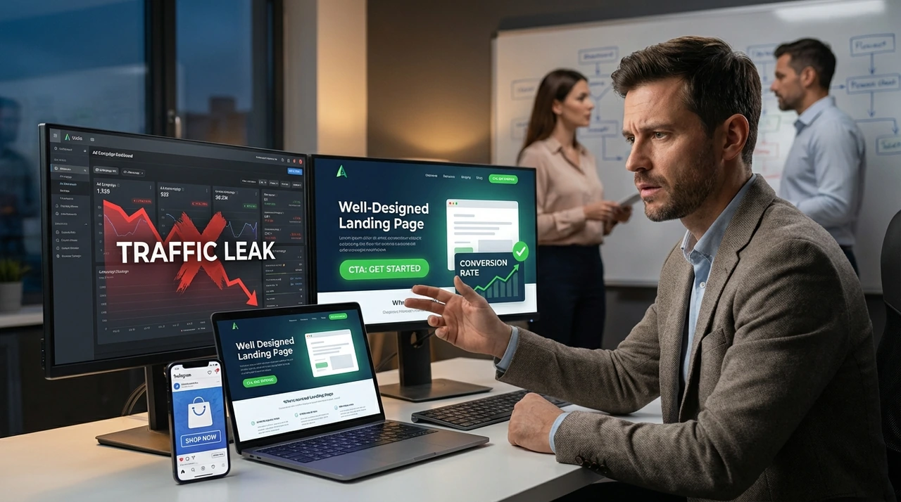 Gráfico mostrando o vazamento de verba de tráfego pago por falta de uma landing page otimizada